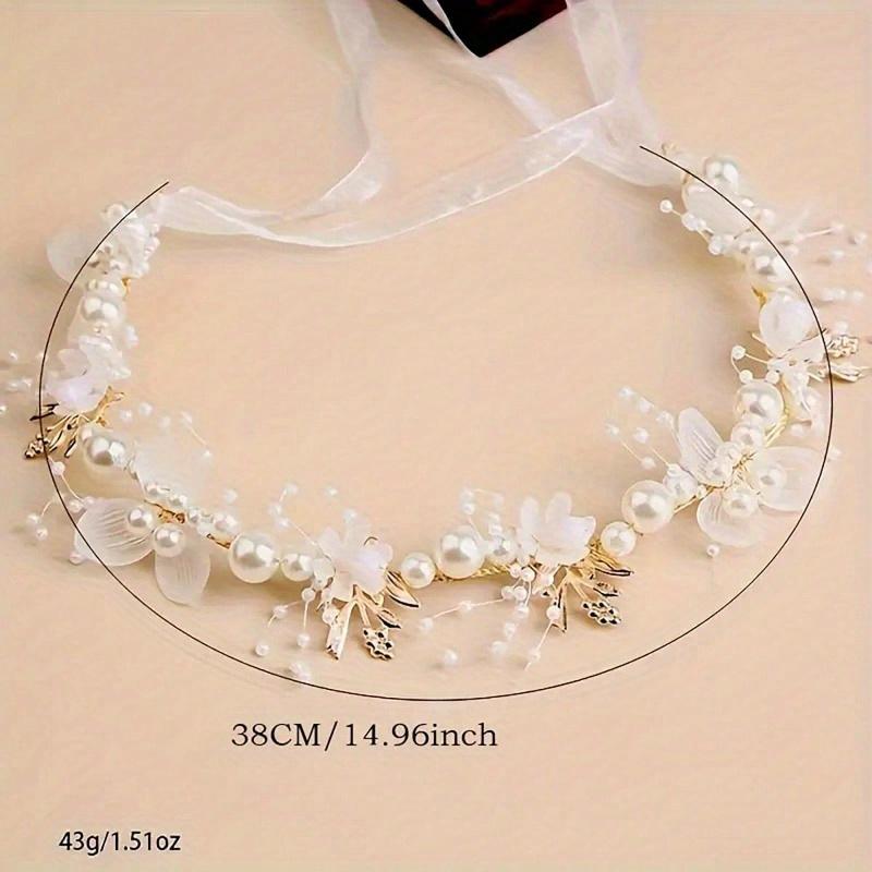 Faux Pearl & Flower Beaded Headband for Bride with Beautiful Floral Wreath Design, Thin Veil, Hair Accessories for Wedding Boho Bow Tiara