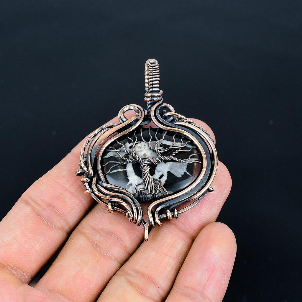 Mud Crack Fossil Pendant, 999 Copper Wire Wrapped Gemstone Jewelry, Handmade Tree Of Life Pendant, For Thanksgiving