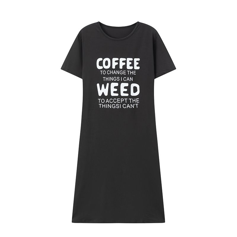 

Fashion Summer Fashion Slim Looking Casual Letter Print Short-Sleeve Dress Female Loose Simple Mid-Length T-shirt Skirt Black XS