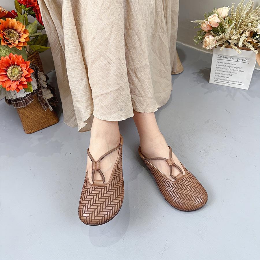 Johnature Genuine Leather Round Toe Slippers Women's Slip-on Shoes Casual Soft Sole Outside Slides