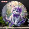 Cute Kitten Purple Floral Round Metal Wall Sign Vintage Iron Art Home Bedroom Decor Pet Lover Gift 8x8 Hanging Plaque