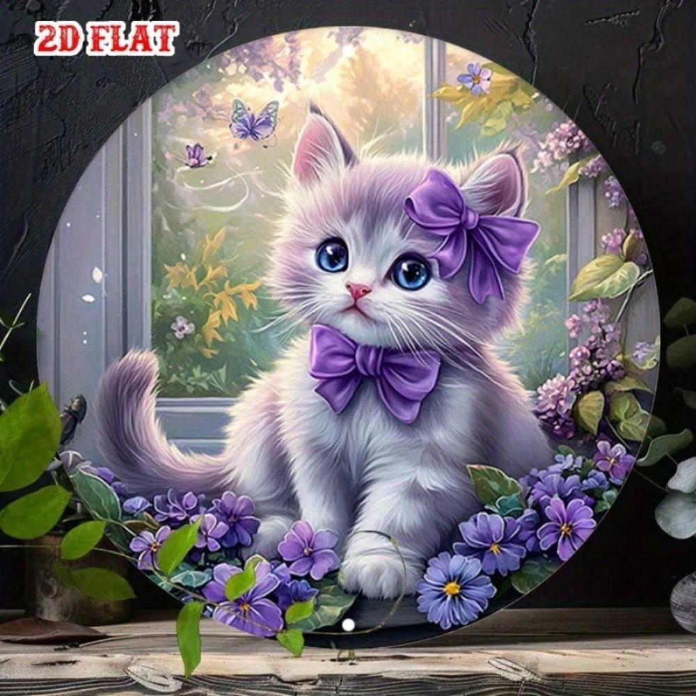 Cute Kitten Purple Floral Round Metal Wall Sign Vintage Iron Art Home Bedroom Decor Pet Lover Gift 8x8 Hanging Plaque