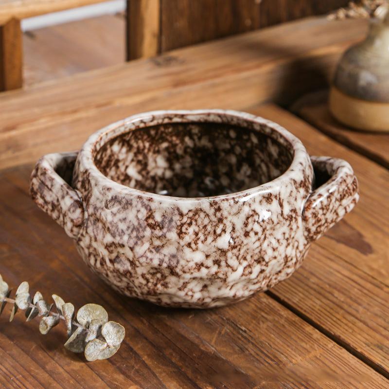 Irregular Ceramic Baking Bowl Western-style Two-ear Stew Salad Dessert Thick Soup Bowl Fruit Breakfast Bowl Tableware Supplies