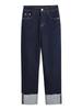 Clearance: Women's Deep Blue High-Waisted Slim-Fit Straight Leg Jeans with Rolled Hem