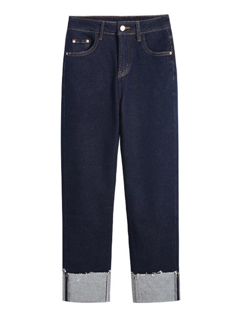 Clearance: Women's Deep Blue High-Waisted Slim-Fit Straight Leg Jeans with Rolled Hem