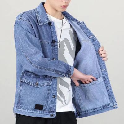Men Denim Jacket Lapel Long Sleeve Jacket Coat with Large Pockets Spring Autumn