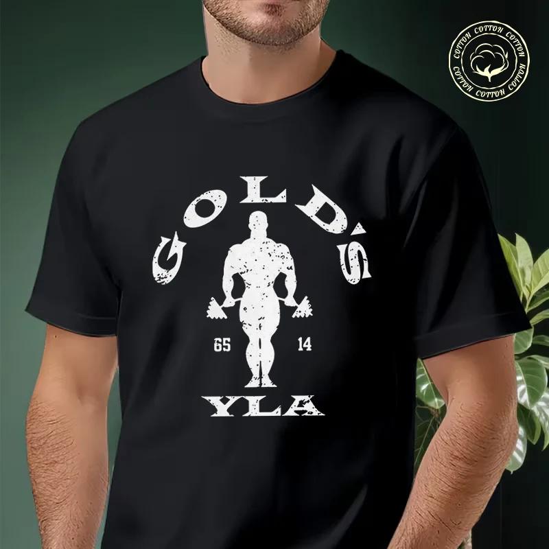 Moto Retro 1980s Gym Design With Golden's Weightlifting Print T-Shirt Men Hip Hop Streetwear Un
