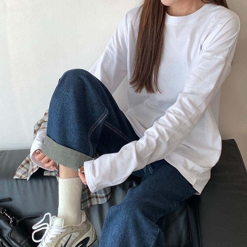 Women's Loose-Fit Long-Sleeve White Cotton T-Shirt - Autumn Inner Layer Top