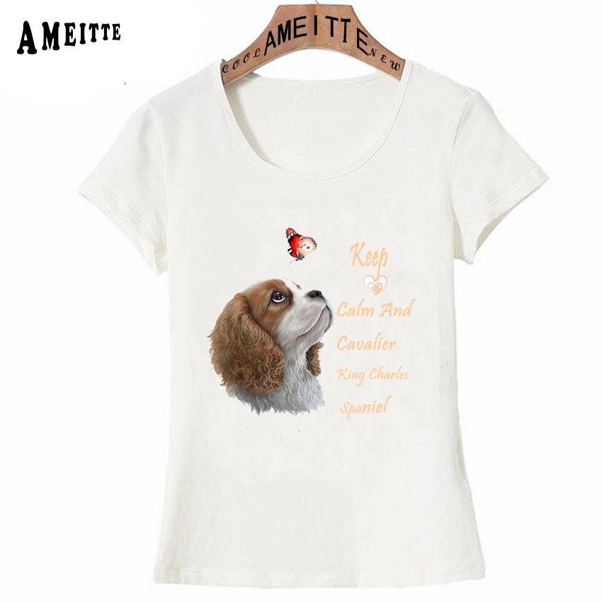 Mantén la Calma Y Camiseta con Estampado de Spaniel del Rey Carlos Cavalier Moda de Verano Camiseta para Mujer Divertida