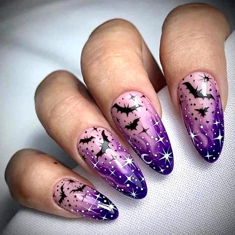 Halloween Press On Nails Medium Almond Fake Nails with Designs Bat Purple French Tip Glossy Glue On Nail 24 Pcs Natural Reusable Acrylic Nail for