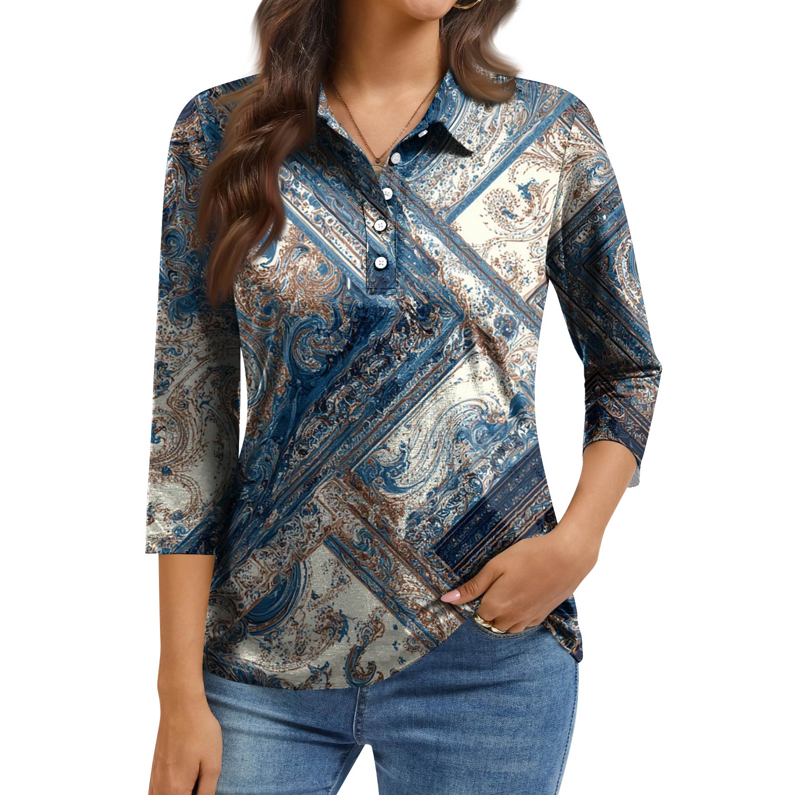 

Women s Fashion Casual Lapel Short 3/4 Sleeve Print Shirt Women s Button Up Tops M