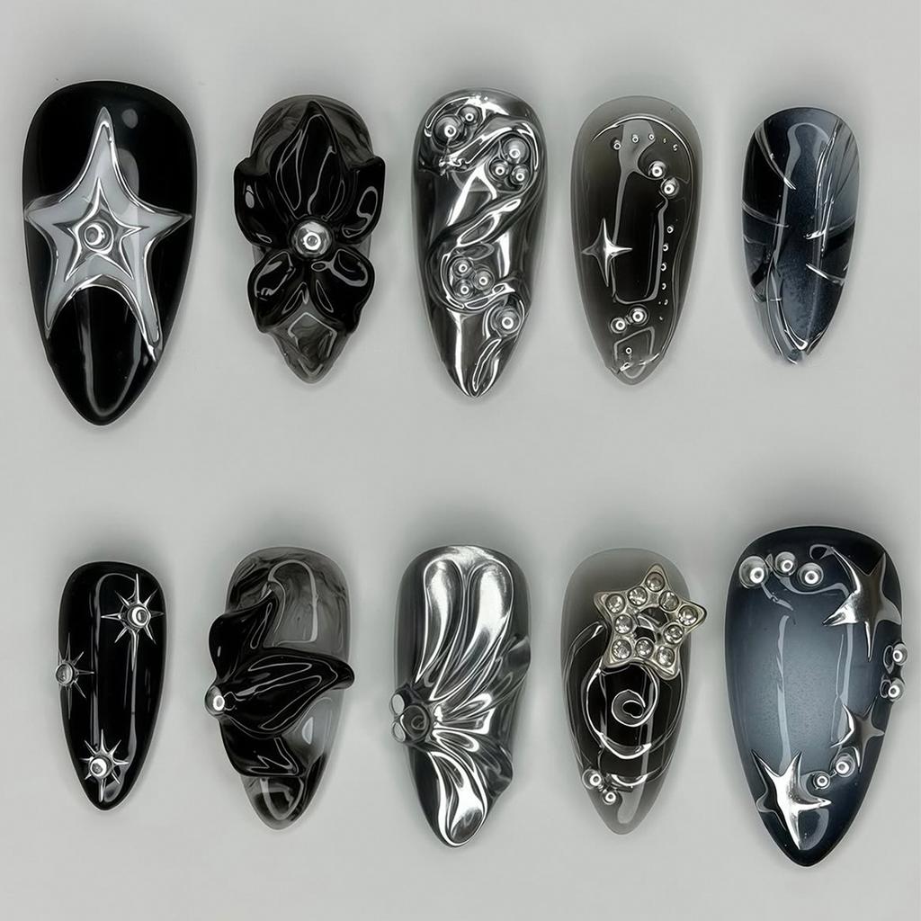 24Pcs Purple Cat Eye Almond Press On Nails French Tip With 3D Love Star Rhinestone And Pearl Nail Art