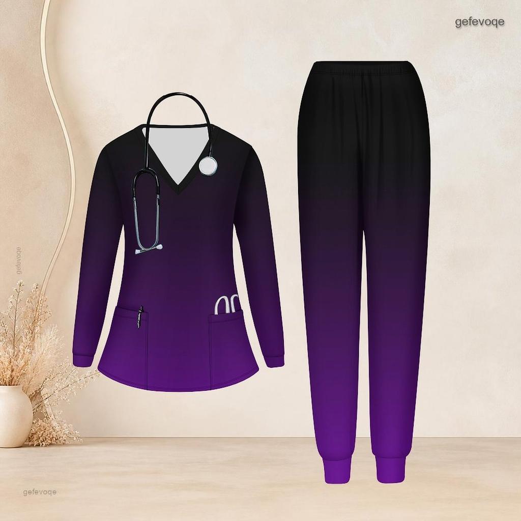 Women Plus Size Green Printed Nurse Scrub Set V Neck Long Sleeve Top With Pockets Long Pants