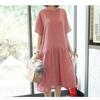 Kong Style Plus Size Women's Clothing Leather Pink with round Neck Cotton and Linen Simplicity Casual Mid Length Long Length Short Sleeve Dress Dress