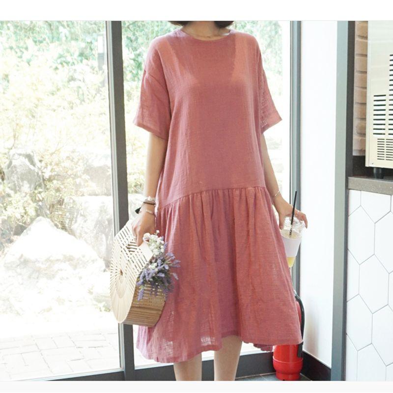 Kong Style Plus Size Women's Clothing Leather Pink with Round Neck Cotton and Linen Simplicity Casual Mid Length Long Length Short Sleeve Dress Dress