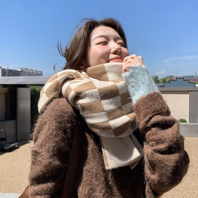 Large Checkerboard Scarf for Women in Autumn and Winter Black and White Plaid Korean Style All Match Winter Warm Long Scarf