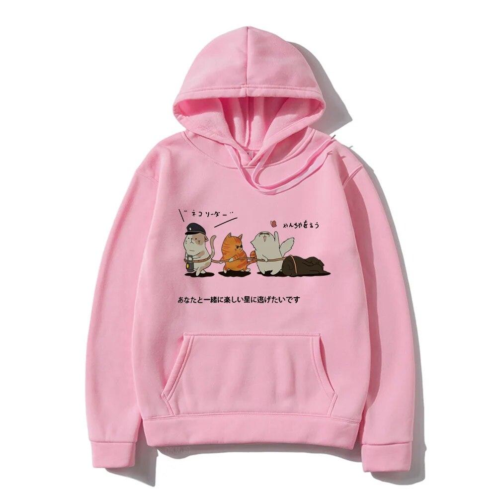 Men Hip Hop Unisex's Hoodies Streetwear Japanese Kanji Harajuku Funny Cat Unisex Hoodies Sweatshirts Autumn Winter Oversized Clothing