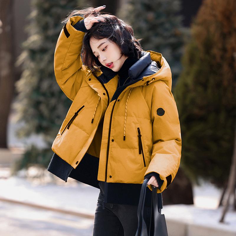 

Женская парка зимняя с капюшоном, колор-блок: Европейского стиля пуховик с ветрозащитой M жёлтый