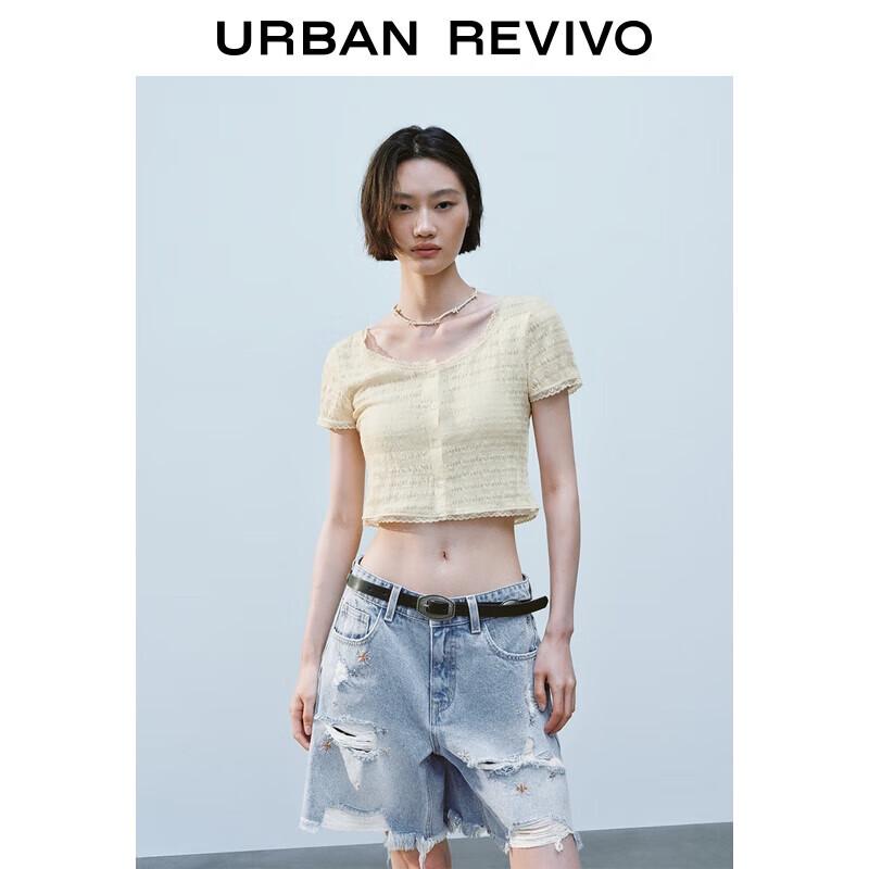 UR 2025 Summer Women s Flower Button Textured Lace Trim Short Sleeve T-shirt M
