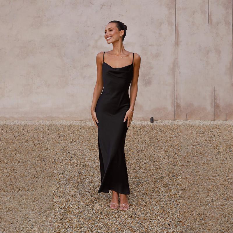 Women's Urban Fashion Solid Color Dress with Deep V-neck, Slim Fit, and Spaghetti Straps for Spring/Summer 2024.