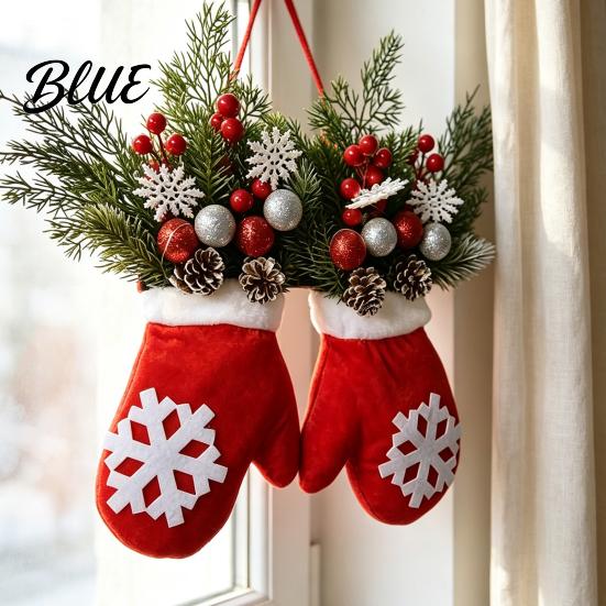 Christmas Party Decorations Mitten Door Hanger Red White Glove Ornament with Pine Cone Berries Reusable Holiday Ornaments Fabric Wall Decor