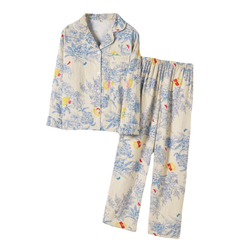 Monet Floral Double-Layer Gauze Pajamas for Women - Light Luxury All-Cotton Set for Spring and Autumn