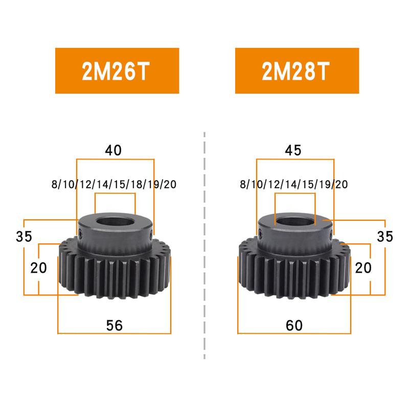 Ruota Dentata Senza Fine 2M-26T/28T Diametro Foro 8/10/12/14/15/18/19/20 mm Ruota Dentata Brunita Materiale Acciaio al Carbonio SC45# Altezza Denti 20mm