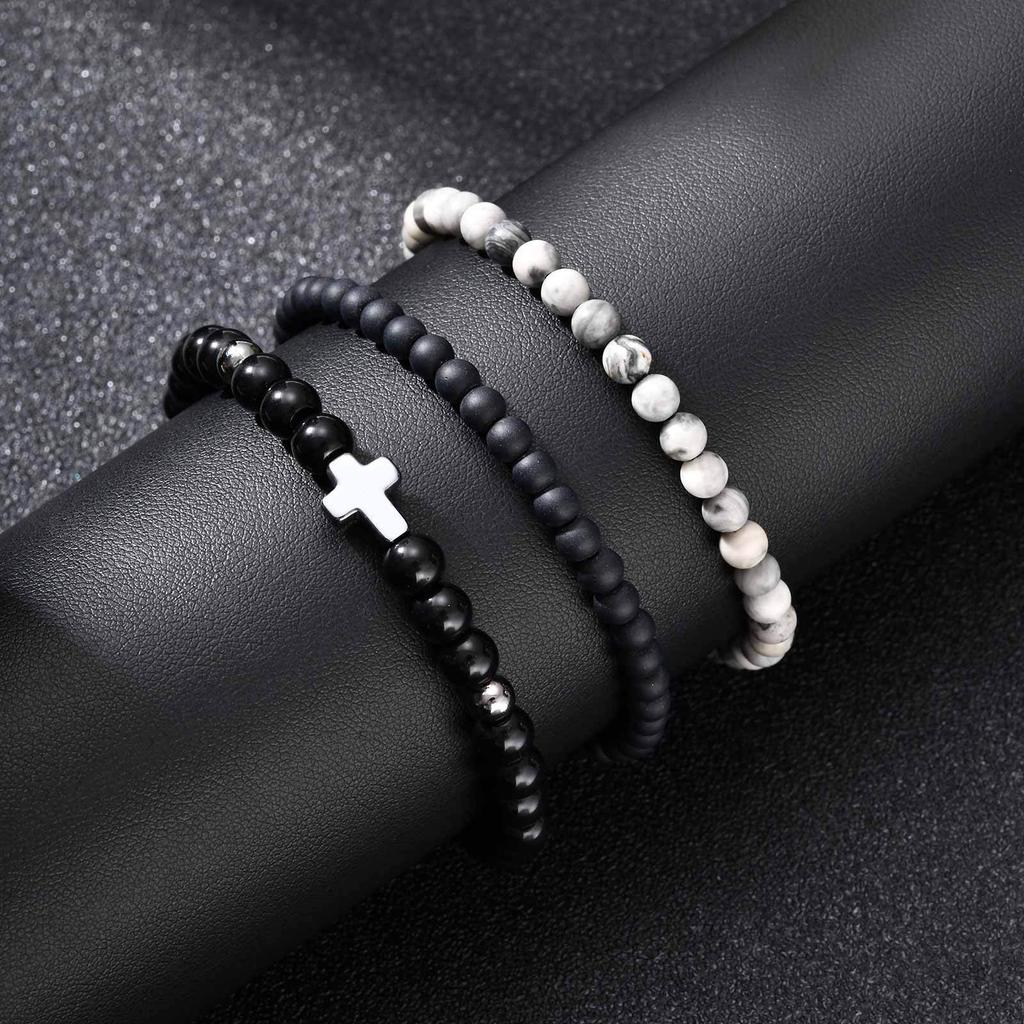 3 Stück Herren Perlenarmband, Vintage Schwarz Weiß Naturstein Perlen Verstellbares Armband, Cooles Schmuckgeschenk für Ihn