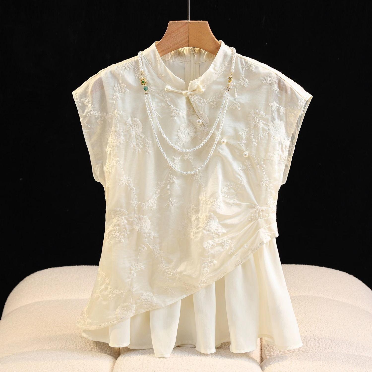 

Premium casual versatile sleeveless top button-down embroidered shirt summer retro luxury M (under 50kg recommended)