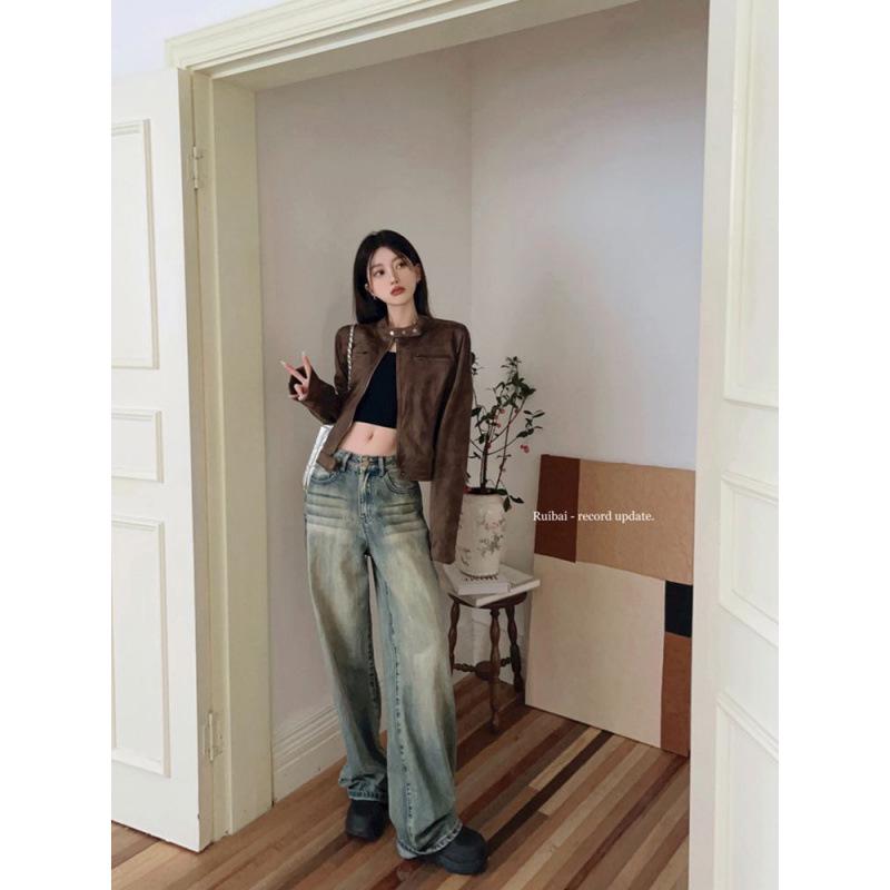 American Retro Distressed Coffee Brown PU Leather Short Jacket - Spring 2025 Hot Girl Stand Collar Versatile Design.
