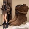 Retro Suede Apricot Ankle Boots - Women's Western Chunky Heel Ruched Boots for Autumn/Summer
