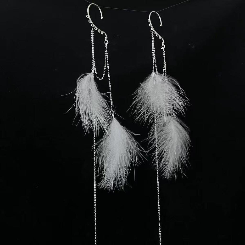 Mountain Ghost Flower Copper Coin Earrings with Tassels - Unisex Hanfu Style Ear Cuffs