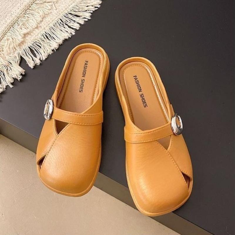 

Solid Color Low-heeled Women s Outdoor Sandals Casual Genuine Leather Soft-soled Slippers 36 коричневый