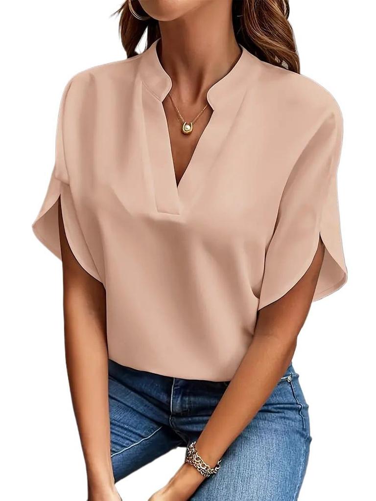 EastRogue  Women's Fashion Casual Summer Solid Color Print Short Sleeve V-Neck Blouses & Shirts