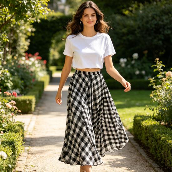 Women Maxi Skirt, Elastic Waist Plaid Print Long Skirt, Flowy Hem Lightweight Summer Skirt for Beach Travel Vacation Party