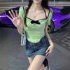 Pure desire bow short sleeve slim fit slim waist T-shirt Spice girl sexy fashion versatile niche irregular top