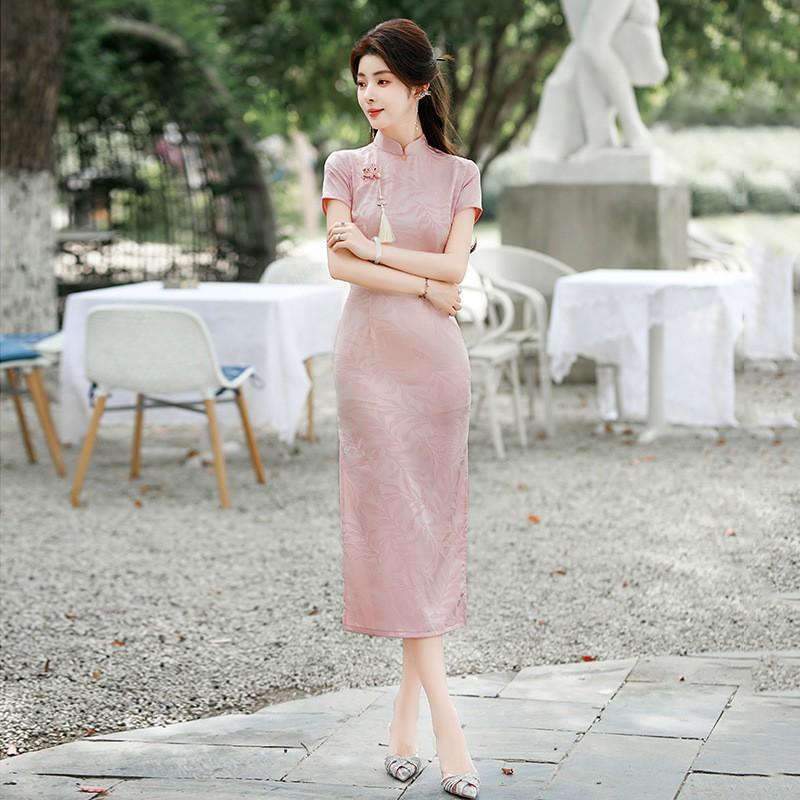 Pink Modern Chinese-Inspired Qipao Dress Women Short Sleeve Stand Collar Floral Jacquard Wearable Petite Girls