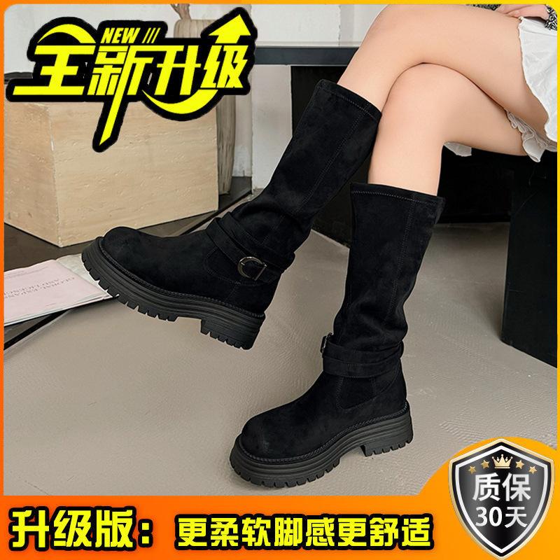 Temperament French suede knight boots polished round head boots 2025 autumn and winter suede versatile thick heel Martin boots
