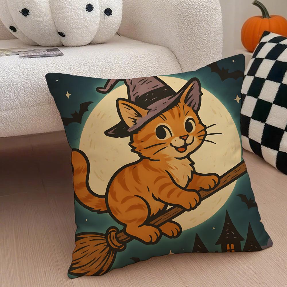 Character Spooky Halloween magic cat Cushion Cover Throw Pillow Cover Hidden Button Durable Polyester Chair Cushion