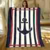 Nautical Anchor Stripe Design FleeceBlanket Navy Blue White Red Rope Border Soft Plush Throw Blanket for BeachHouseCoastal Style