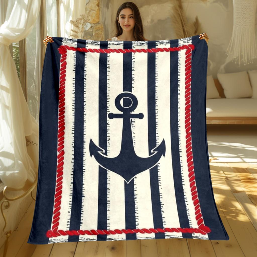 Nautical Anchor Stripe Design FleeceBlanket Navy Blue White Red Rope Border Soft Plush Throw Blanket for BeachHouseCoastal Style