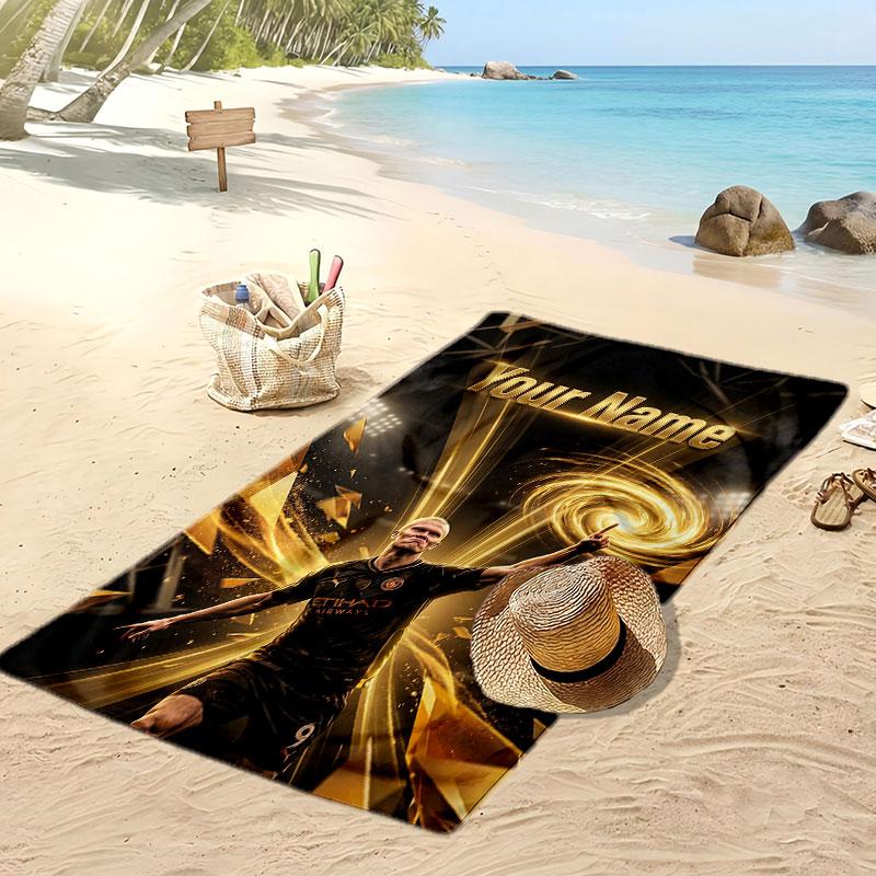 Asciugamano da Spiaggia Personalizzato Stampato Erling Haaland Logo Calcio Supporto Nome Personalizzato Testo Asciugamano Assorbente Per Sport Viaggio Regalo Speciale