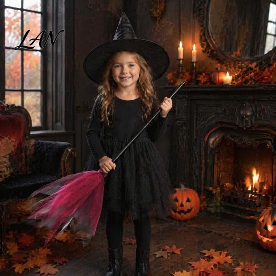 Reusable Cosplay Prop Halloween Witch Broom Prop, Detachable Mesh Wizard Broomstick for Costume Accessories Party Stage Performance, Haunted