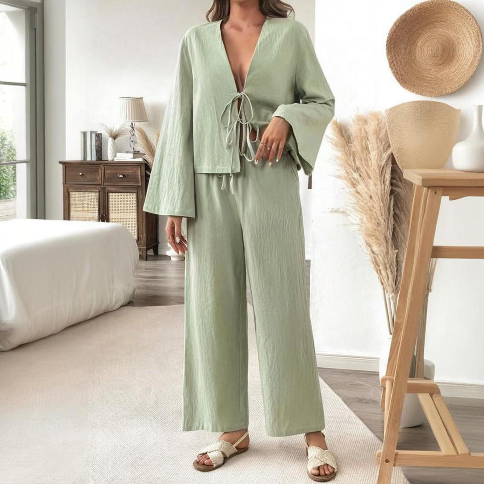 

Женский модный повседневный топ с длинными рукавами на шнуровке и комплект брюк с карманами и эластичной талией XL светло-зеленый