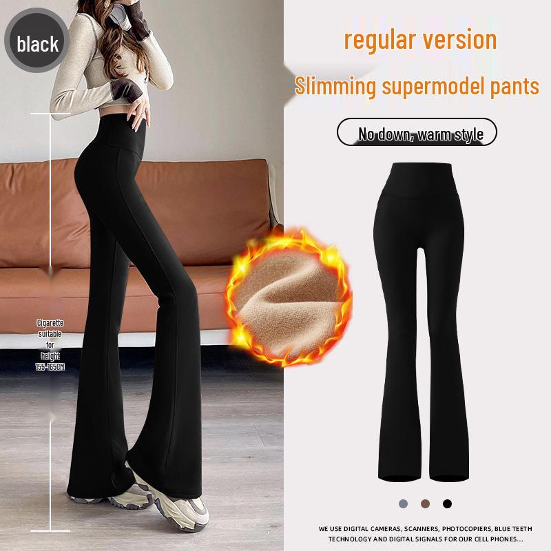 Women's Black Micro-Flare Yoga Pants - Slimming, Elastic, Plush, Extended Autumn/Winter Base Layer