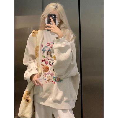 Ladies Cartoon Pattern Grey Hoodies College Style Loose Round Neck Female Hoodie Autumn Casual Women's Long Sleeved Tops