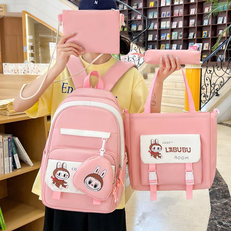 Labubu New Korean Style Fashion Four-piece Backpack Student Backpack Tutoring Bag Trendy Large Capacity Backpack