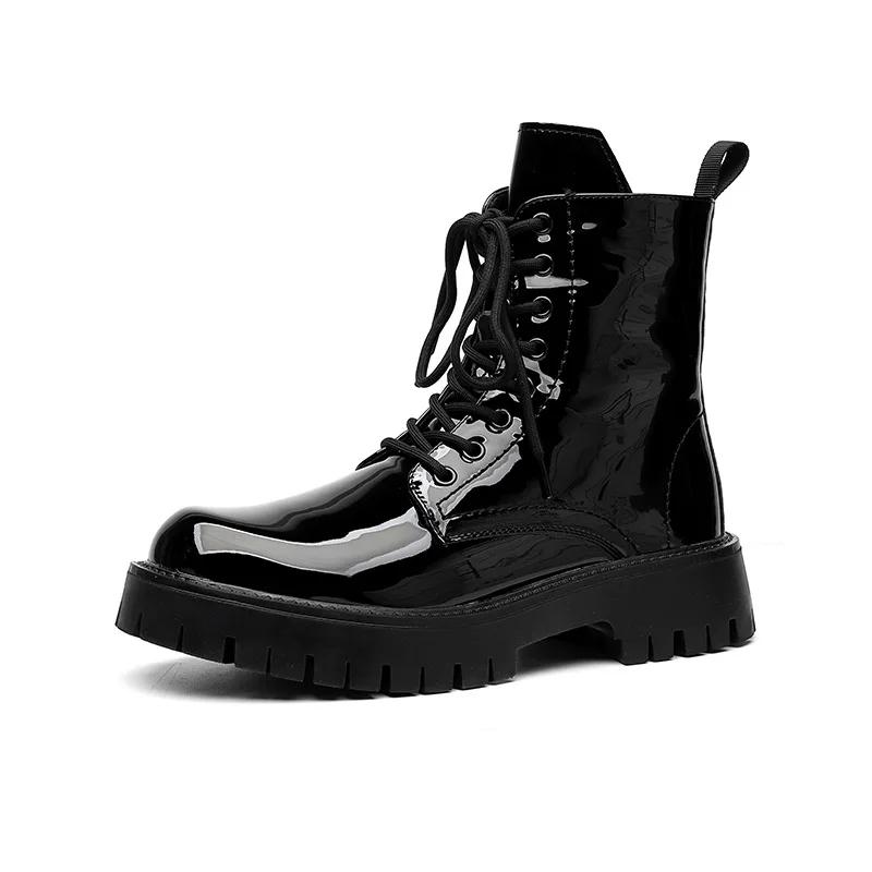 

2026Leather Boots for Men Round Toe Mid Calf Lace Up Height Increasing Spring Autum Newest Sewing Casual Fashion Shoes 38