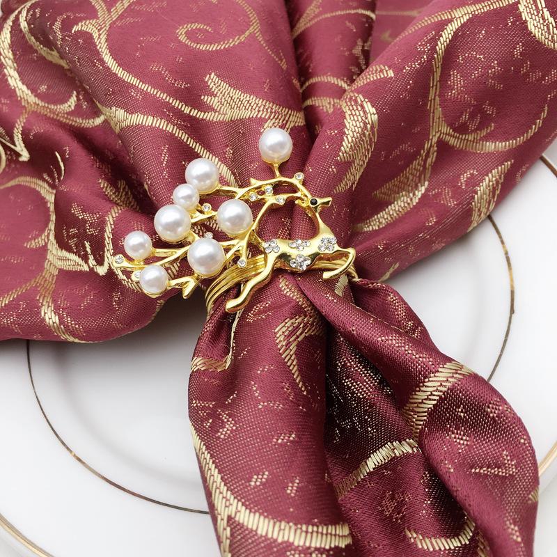 Christmas Fawn Napkin Ring, Metal Buckle Cloth Ring, Gold and Silver Pearl, Wedding Table Decoration, 12 PCs/Lot