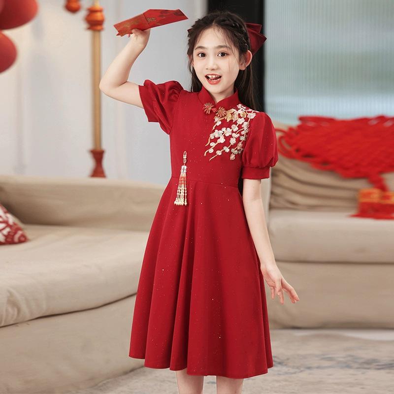 Summer Girls' Red Qipao - Chinese Style Formal Dress for Medium & Large Kids